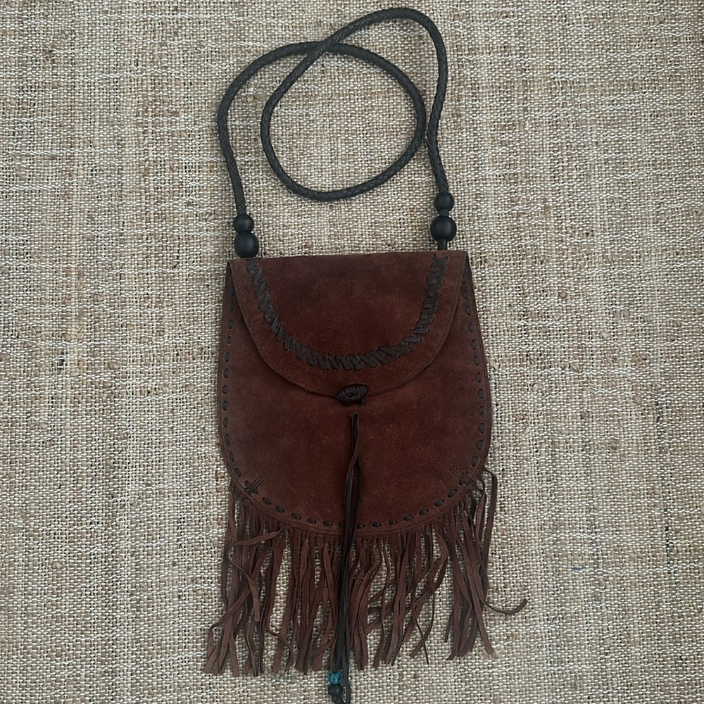 Lucky Brand Foxy Lady Fringe Brown Suede Crossbody Purse Bag